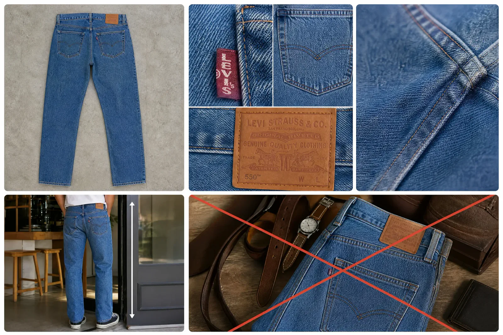 A vintage pair of Levi's jeans shown in detail, scale and condition review frames.