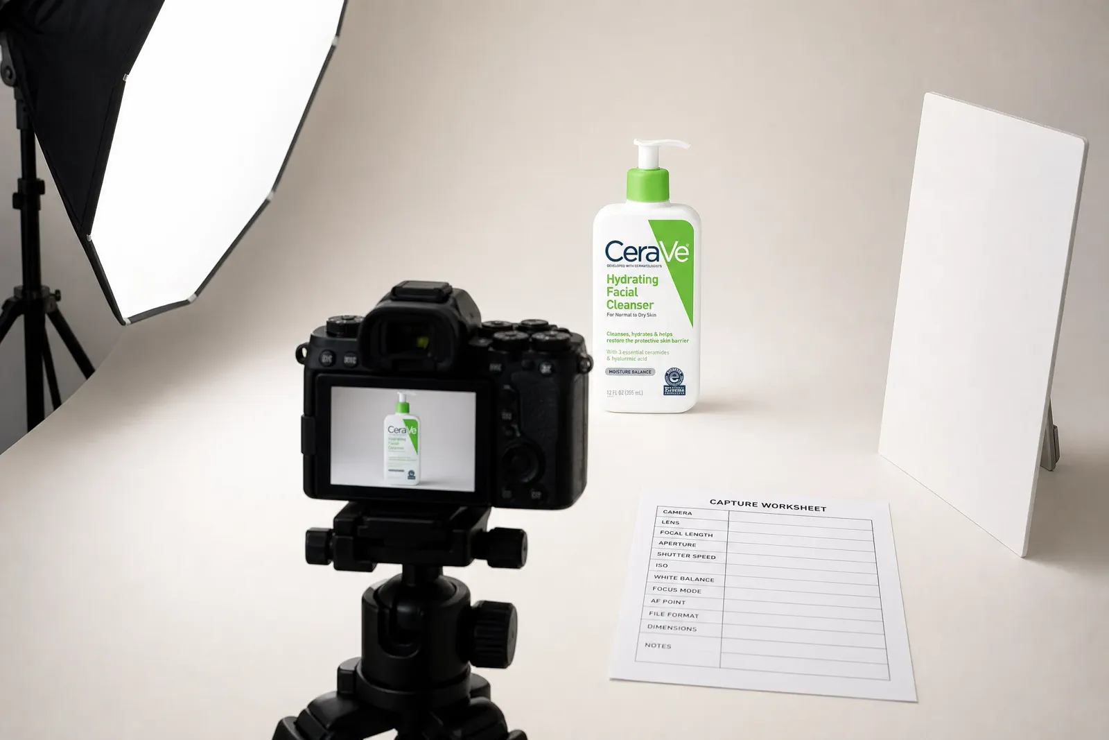 A camera photographing a CeraVe cleanser beside a settings record and full-size review