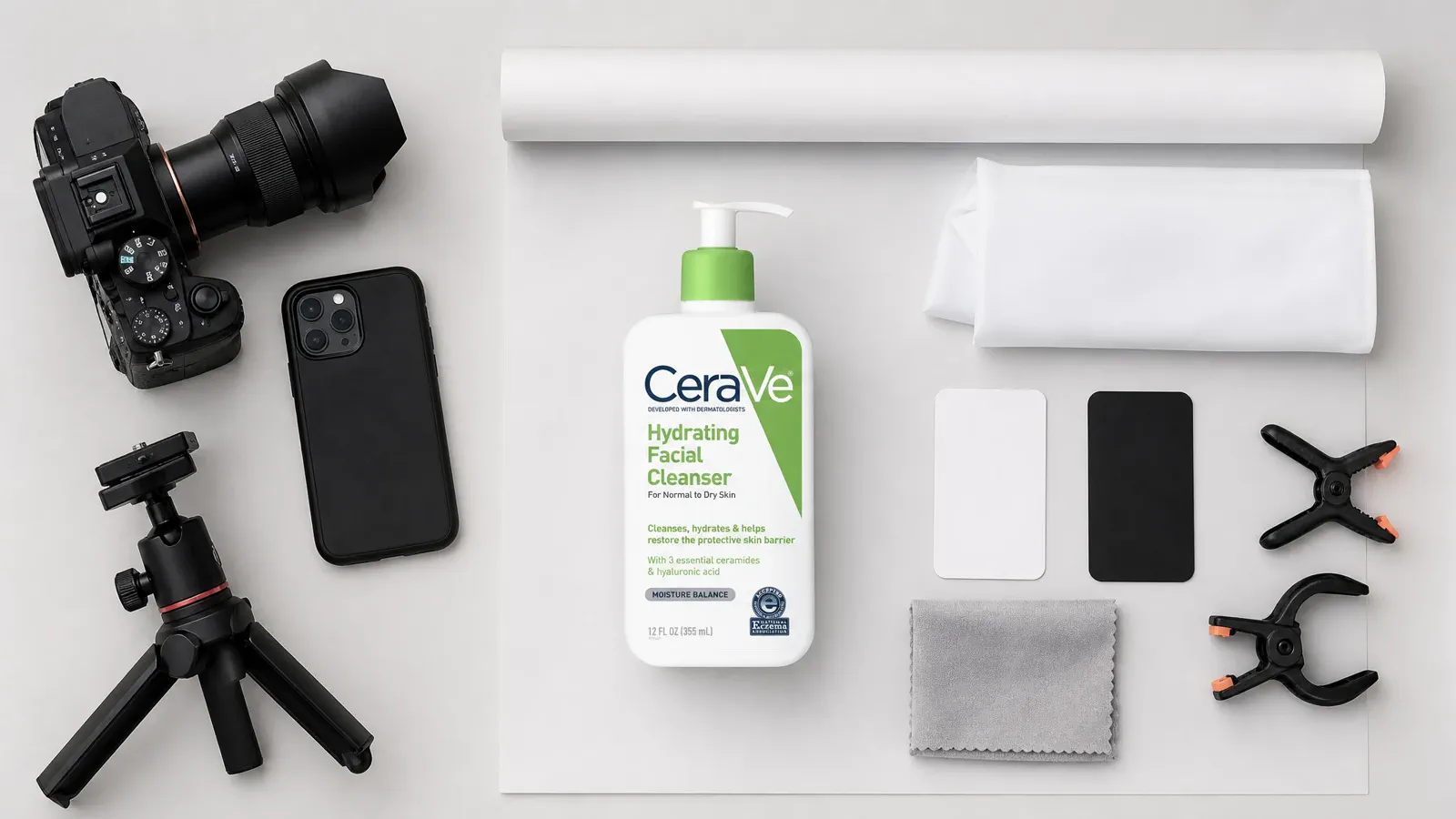 A minimum beginner photography kit arranged around a CeraVe cleanser.