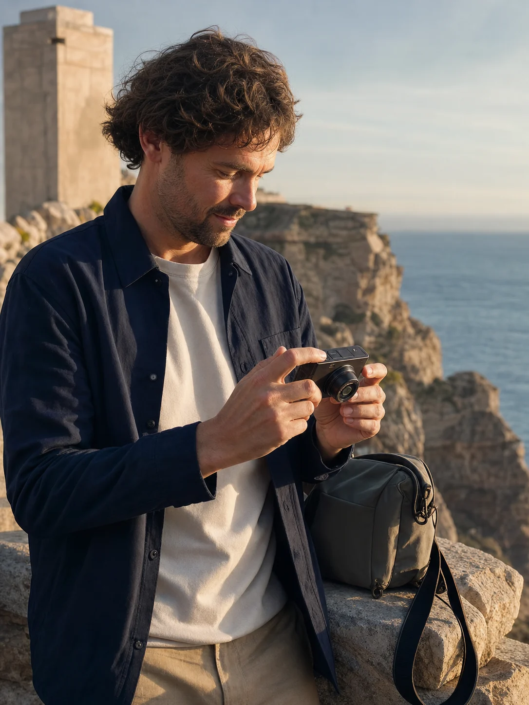 A traveler using a compact handheld camera at a sunlit coastal overlook, with natural hand contact, believable scale, and shared daylight across the scene.