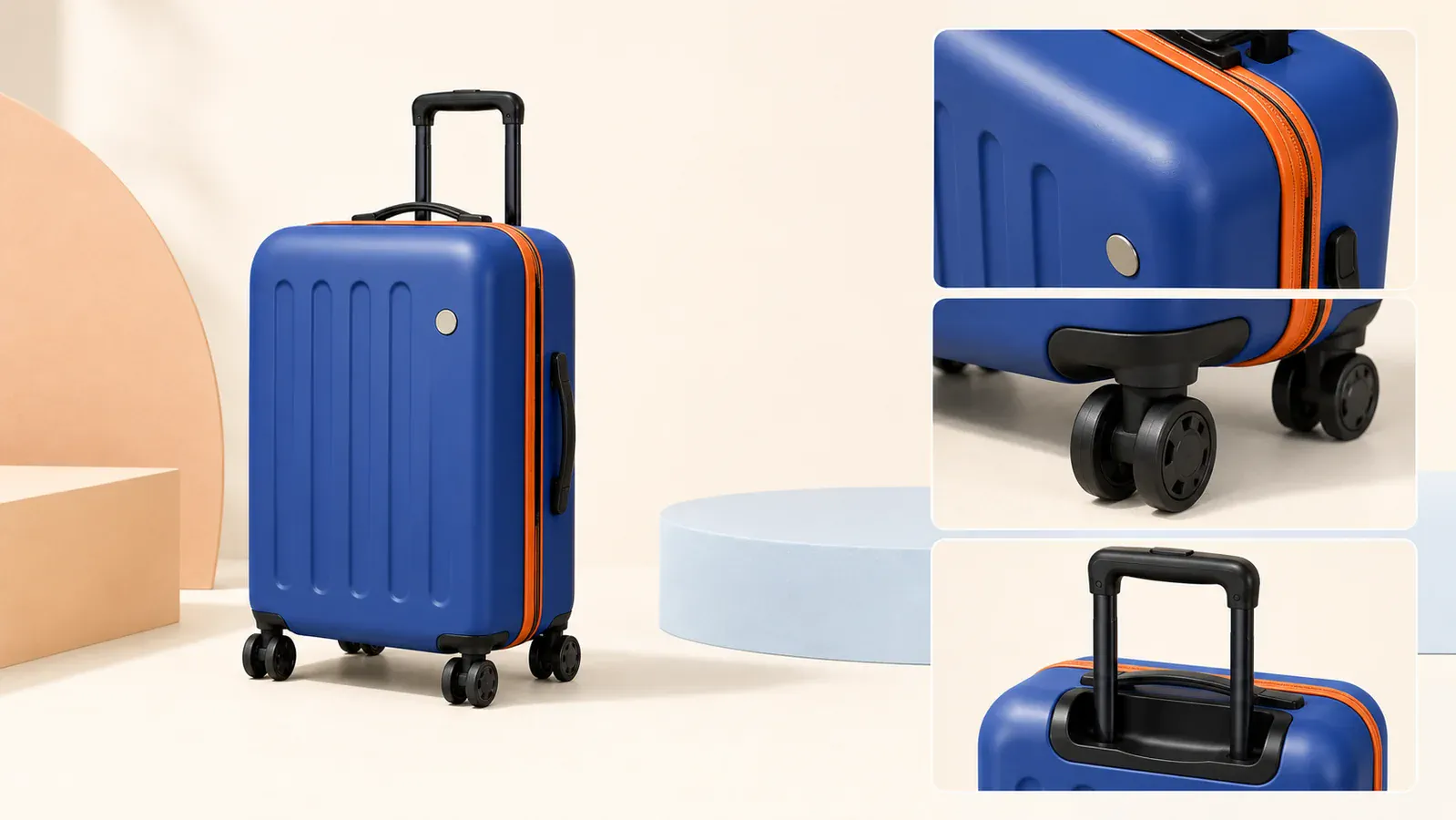 A cobalt blue suitcase with close-up views of its orange zipper, double spinner wheels, and telescopic handle.